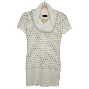 t/o Sweaters Turtleneck Short Sleeve Sweater White Accented with Gold Thread SML